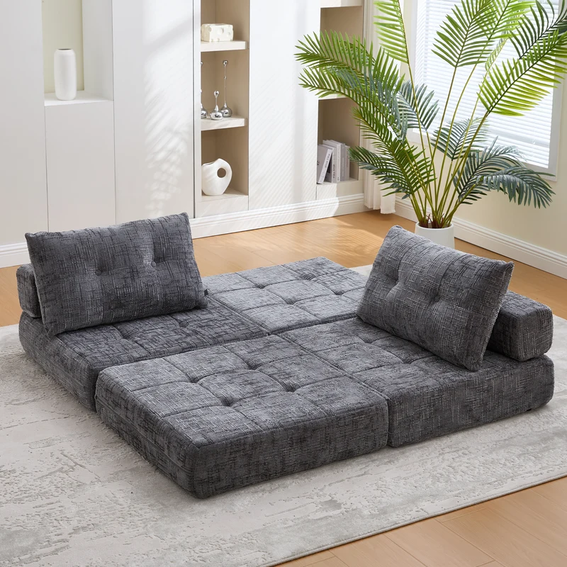 Fauteuil lit pliable gris en chenille avec coussins 79x79x57cm QUASARREX