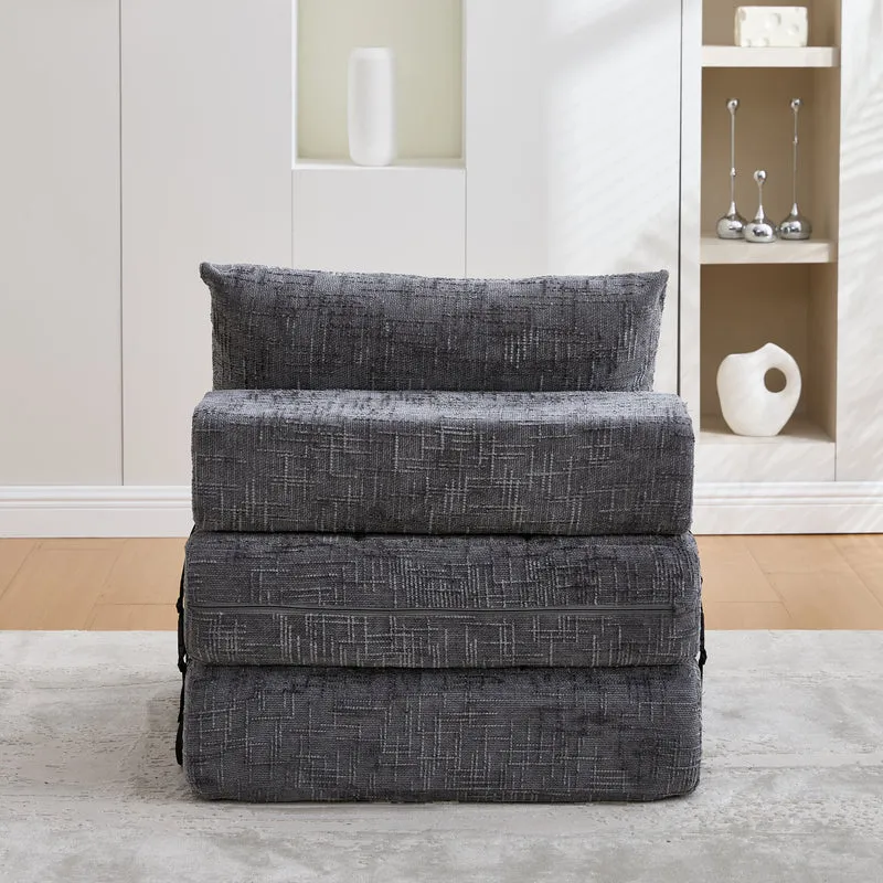 Fauteuil lit pliable gris en chenille avec coussins 79x79x57cm QUASARREX