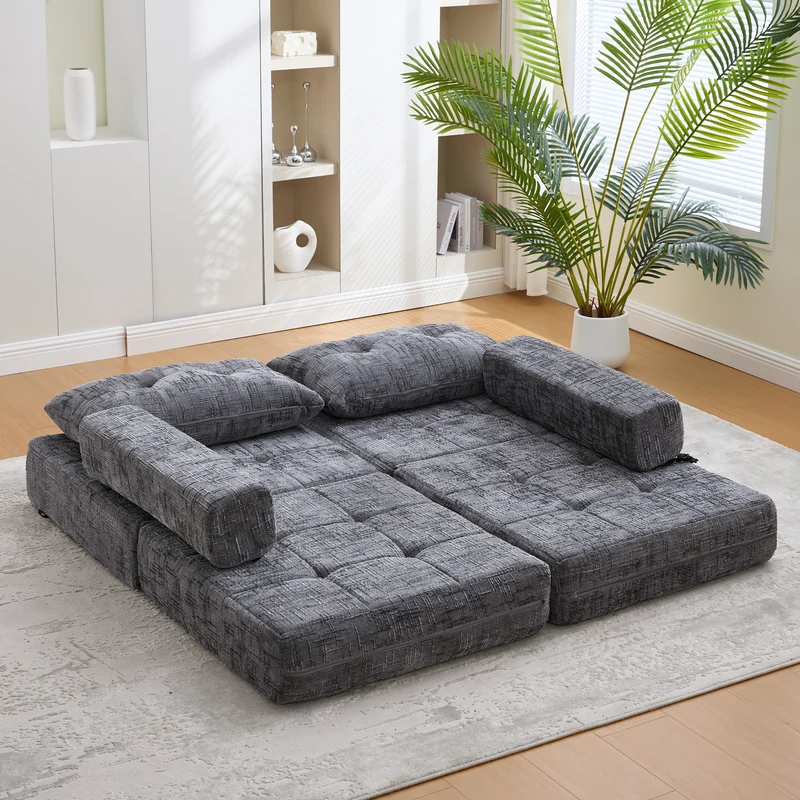Fauteuil lit pliable gris en chenille avec coussins 79x79x57cm QUASARREX