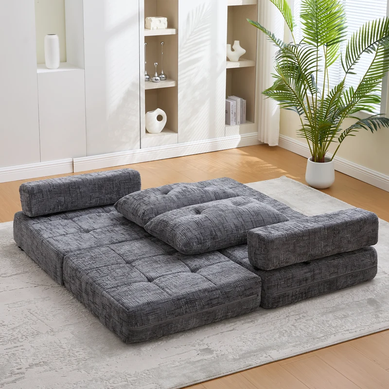 Fauteuil lit pliable gris en chenille avec coussins 79x79x57cm QUASARREX