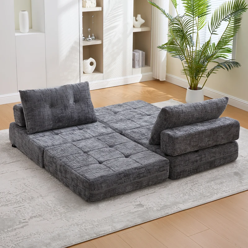 Fauteuil lit pliable gris en chenille avec coussins 79x79x57cm QUASARREX