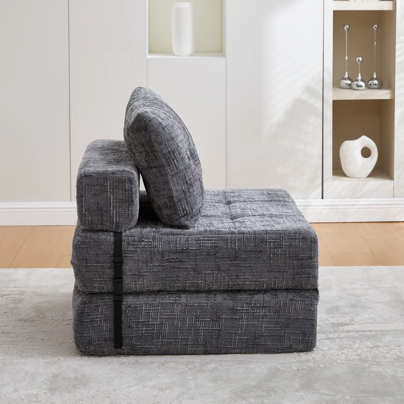 Fauteuil lit pliable gris en chenille avec coussins 79x79x57cm QUASARREX