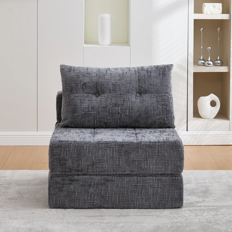 Fauteuil lit pliable gris en chenille avec coussins 79x79x57cm QUASARREX