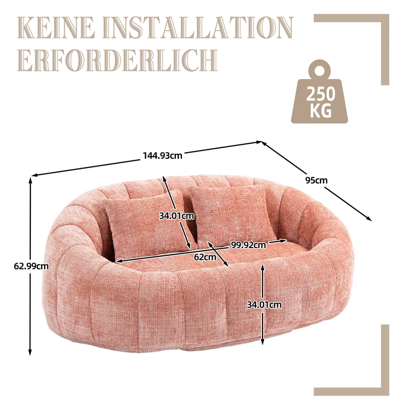 Canapé 2 places en chenille gris, grand fauteuil relax, 2 coussins 150x95x63cm INFINITELIRA
