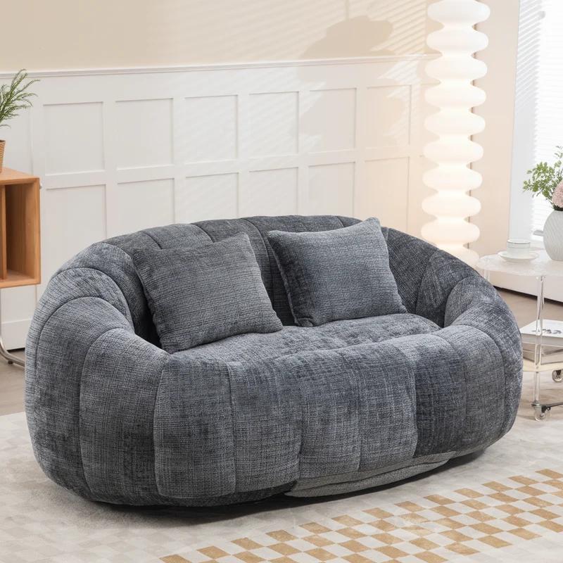 Canapé 2 places en chenille gris, grand fauteuil relax, 2 coussins 150x95x63cm QUASARZYN