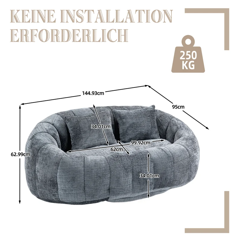 Canapé 2 places en chenille gris, grand fauteuil relax, 2 coussins 150x95x63cm QUASARZYN