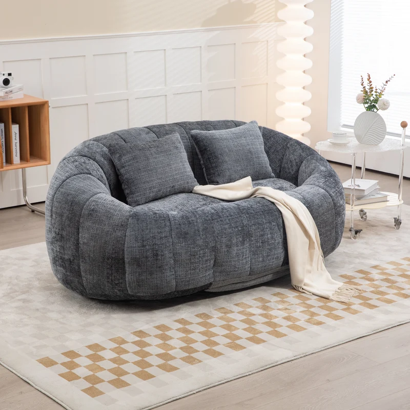 Canapé 2 places en chenille gris, grand fauteuil relax, 2 coussins 150x95x63cm QUASARZYN