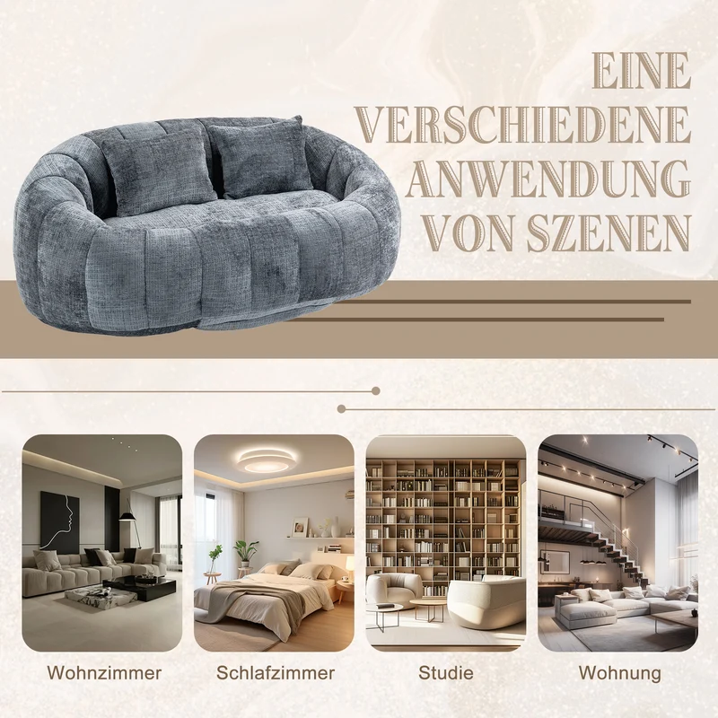 Canapé 2 places en chenille gris, grand fauteuil relax, 2 coussins 150x95x63cm QUASARZYN