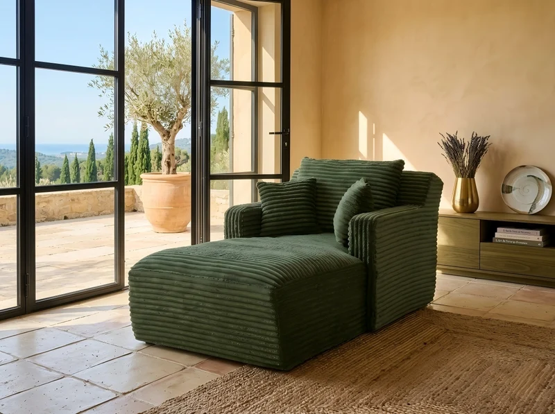 Canapé méridienne lit modulable en velours côtelé vert, sans montage MERIDIANONYX