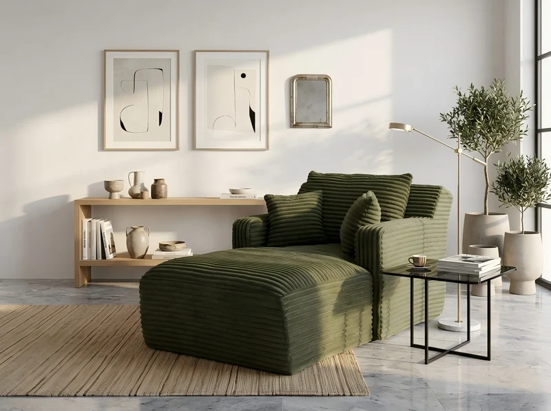 Canapé méridienne lit modulable en velours côtelé vert, sans montage MERIDIANONYX