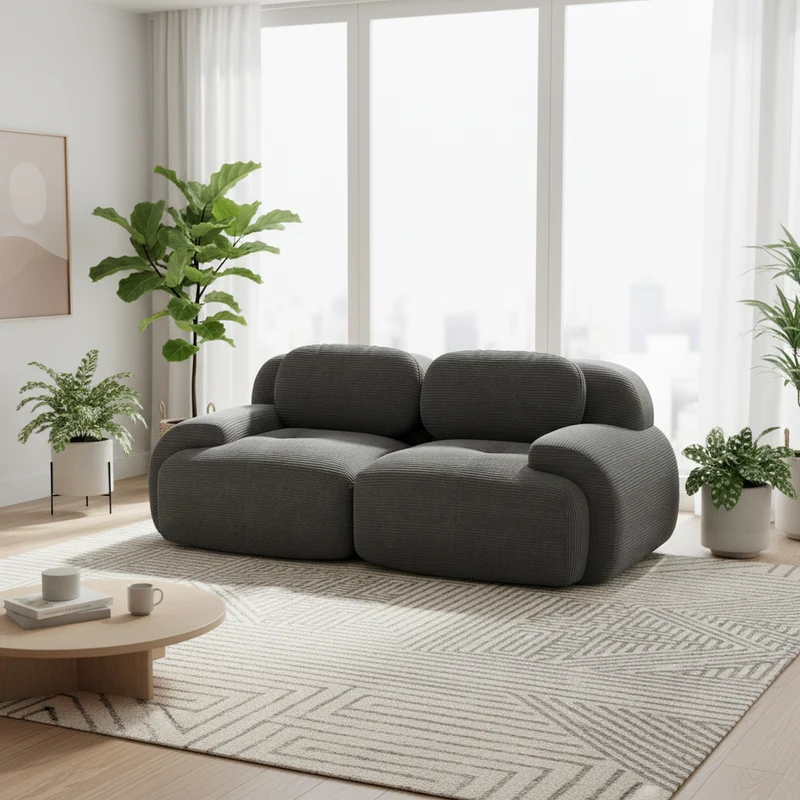 Canapé 2 places loveseat modulable en velours côtelé gris avec accoudoirs courbés, confort premium, sans montage NOVAMEK
