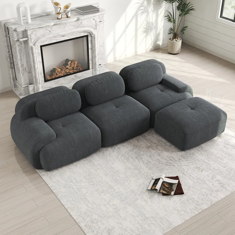 Canapé d'angle 3 places modulable en velours côtelé gris avec accoudoirs courbés, confort premium, sans montage QUASARLOTH