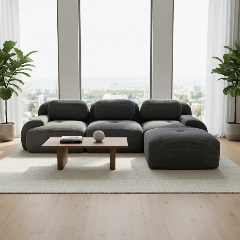 Canapé d'angle 3 places modulable en velours côtelé gris avec accoudoirs courbés, confort premium, sans montage QUASARLOTH