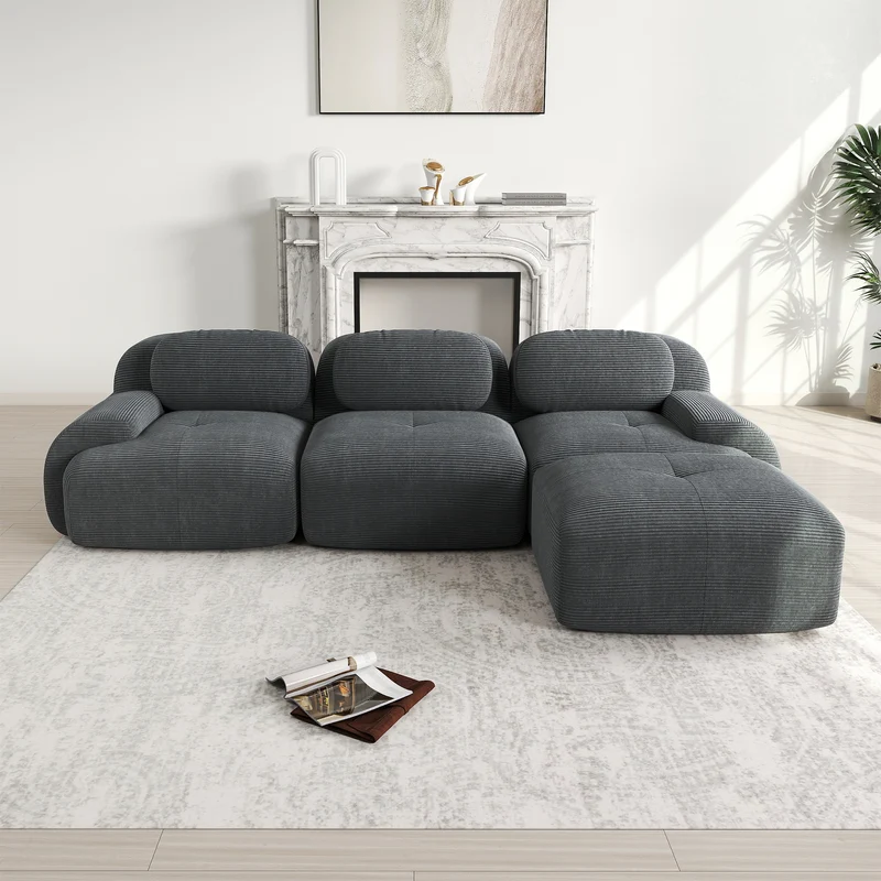 Canapé d'angle 3 places modulable en velours côtelé gris avec accoudoirs courbés, confort premium, sans montage QUASARLOTH
