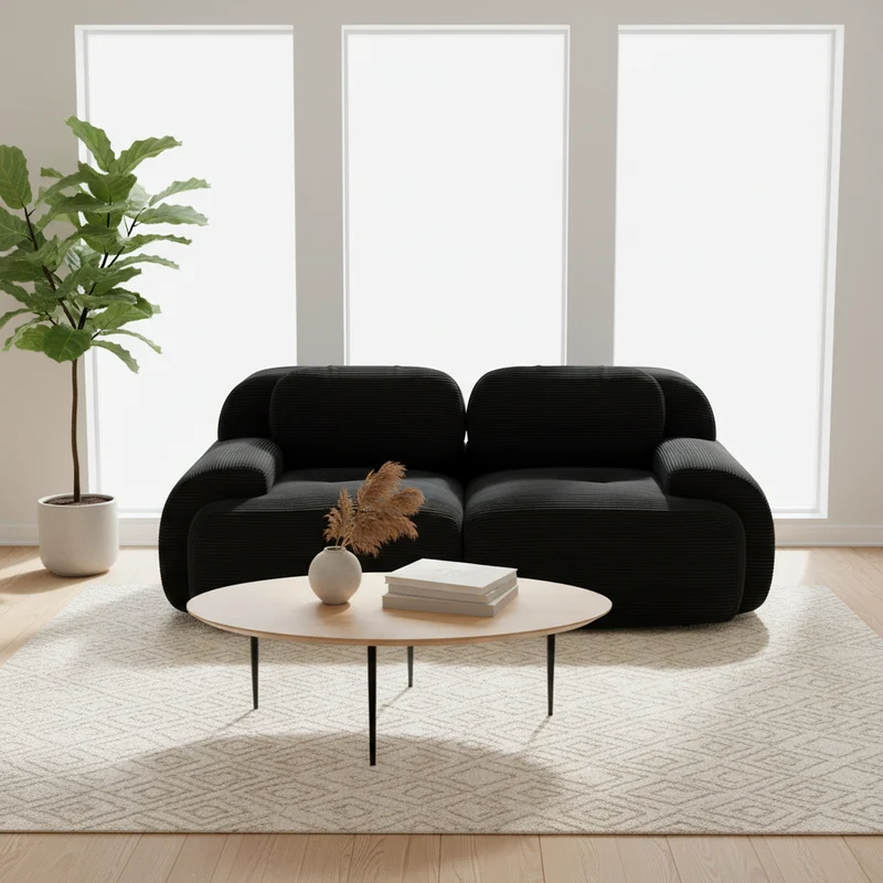 Canapé 2 places loveseat modulable en velours côtelé noir avec accoudoirs courbés, confort premium, sans montage QUASARZORA