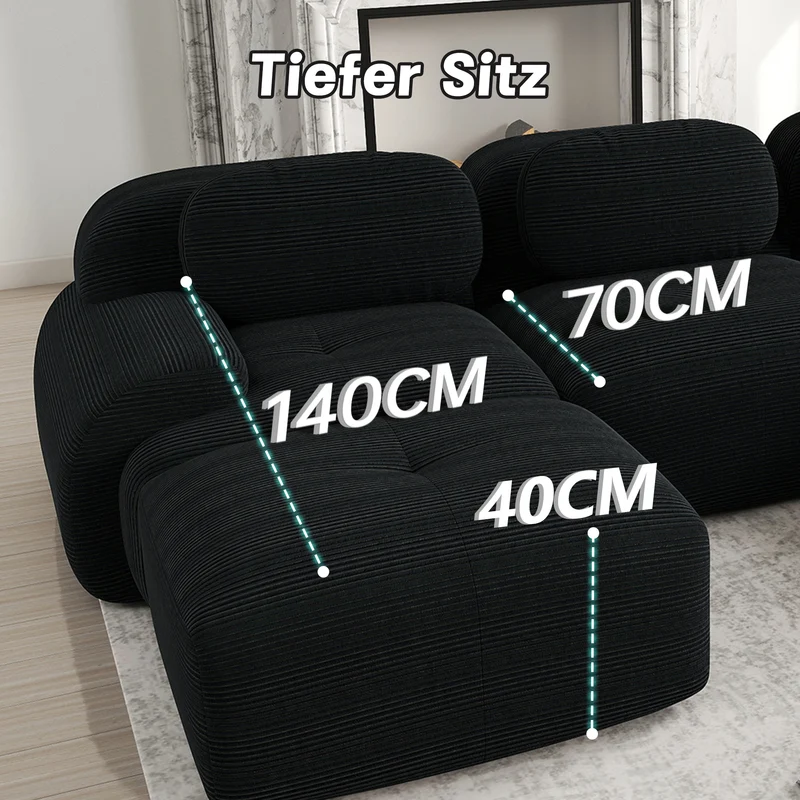 Canapé 2 places loveseat modulable en velours côtelé noir avec accoudoirs courbés, confort premium, sans montage QUASARZORA