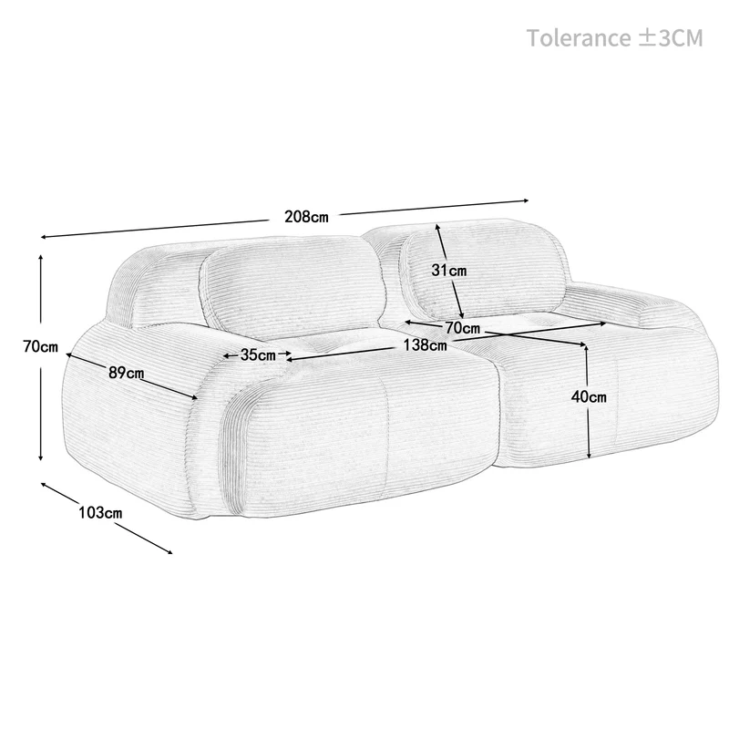 Canapé 2 places loveseat modulable en velours côtelé noir avec accoudoirs courbés, confort premium, sans montage QUASARZORA