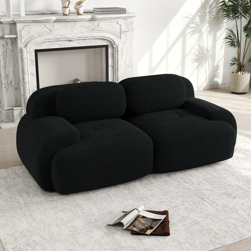 Canapé 2 places loveseat modulable en velours côtelé noir avec accoudoirs courbés, confort premium, sans montage QUASARZORA