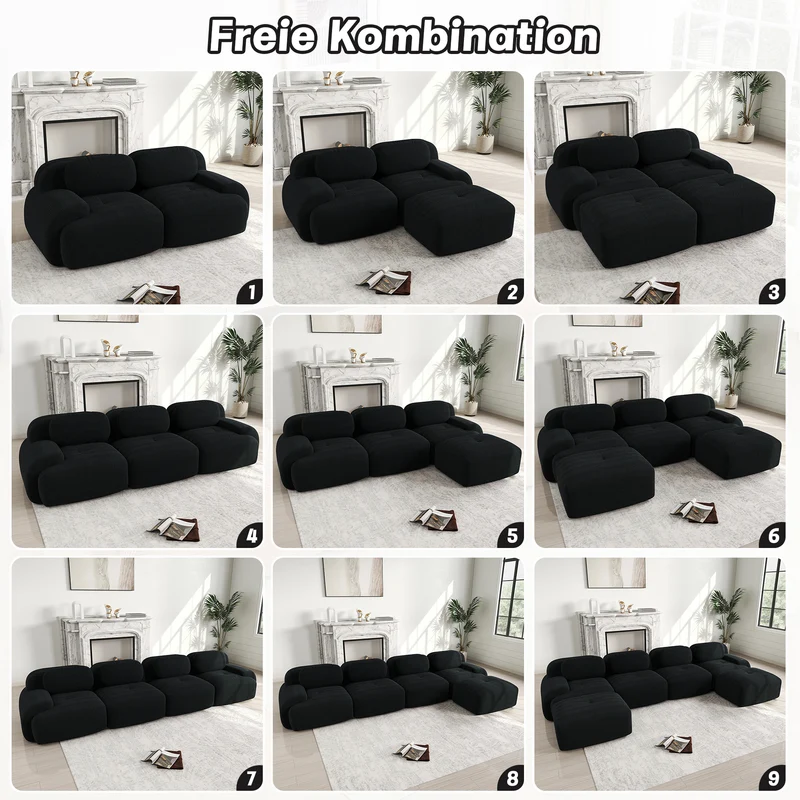 Canapé 2 places loveseat modulable en velours côtelé noir avec accoudoirs courbés, confort premium, sans montage QUASARZORA