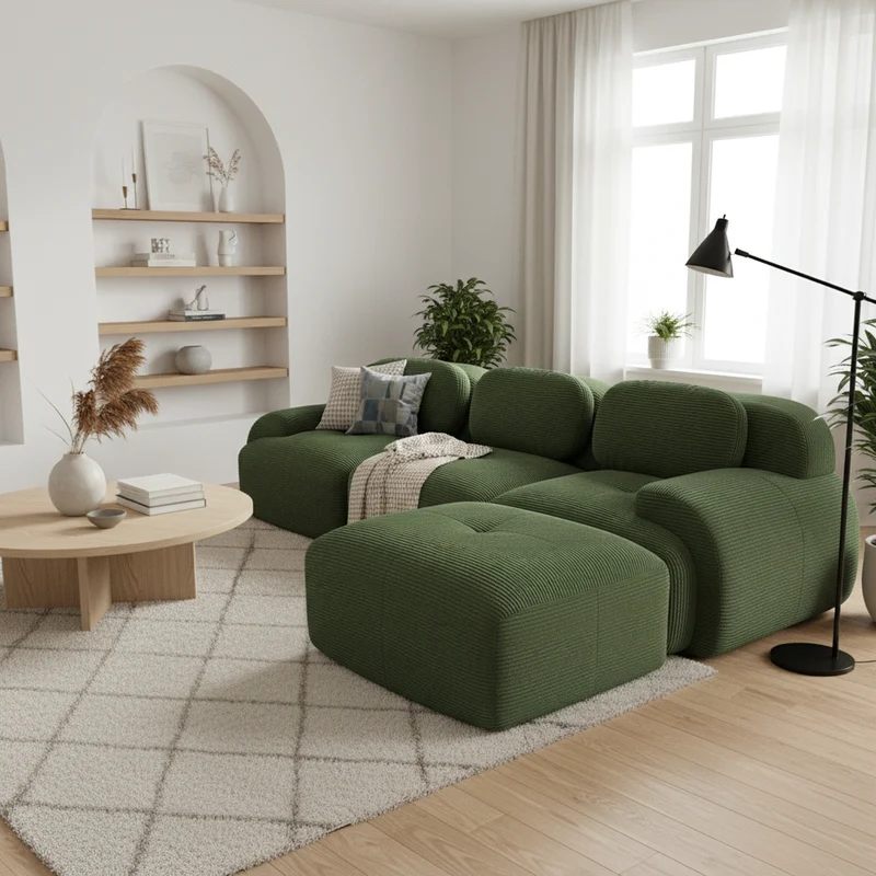 Canapé d'angle 3 places modulable en velours côtelé vert kaki avec accoudoirs courbés, confort premium, sans montage REELEDSILK