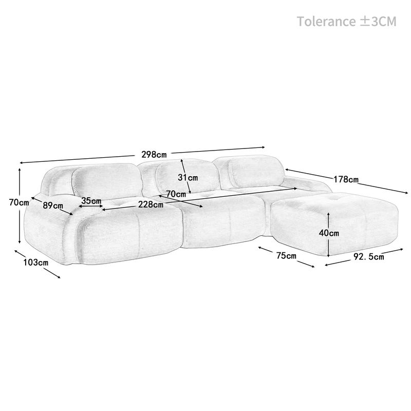 Canapé d'angle 3 places modulable en velours côtelé vert kaki avec accoudoirs courbés, confort premium, sans montage REELEDSILK