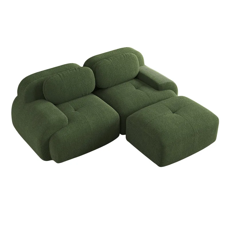 Canapé d'angle modulable en velours côtelé vert kaki avec méridienne et accoudoirs courbés, sans montage GREENFLASH