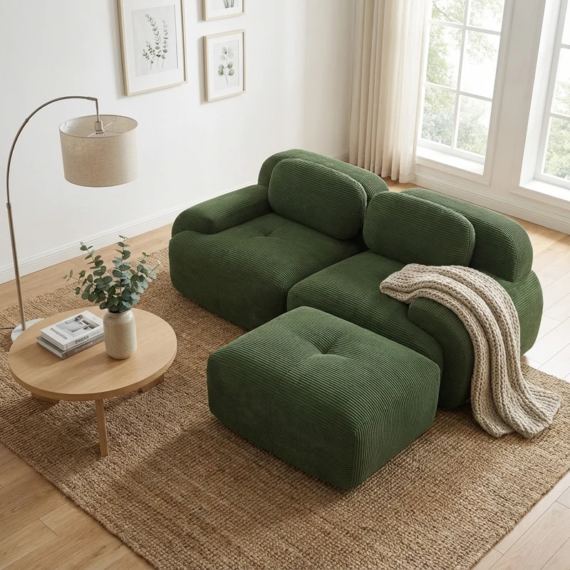 Canapé d'angle modulable en velours côtelé vert kaki avec méridienne et accoudoirs courbés, sans montage GREENFLASH