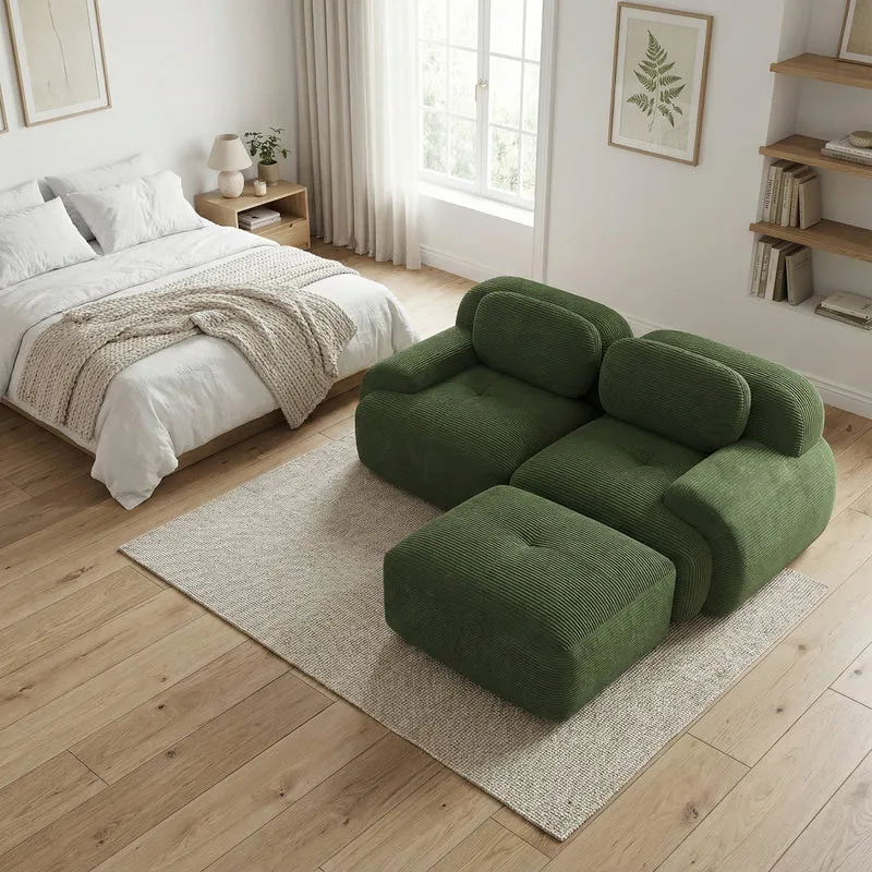 Canapé d'angle modulable en velours côtelé vert kaki avec méridienne et accoudoirs courbés, sans montage GREENFLASH