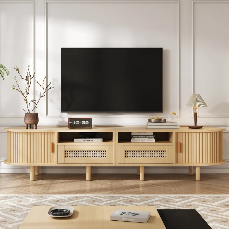 Meuble TV ovale effet bois, 2 portes coulissantes en rotin synthétique et 2 tiroirs TRAUXAID
