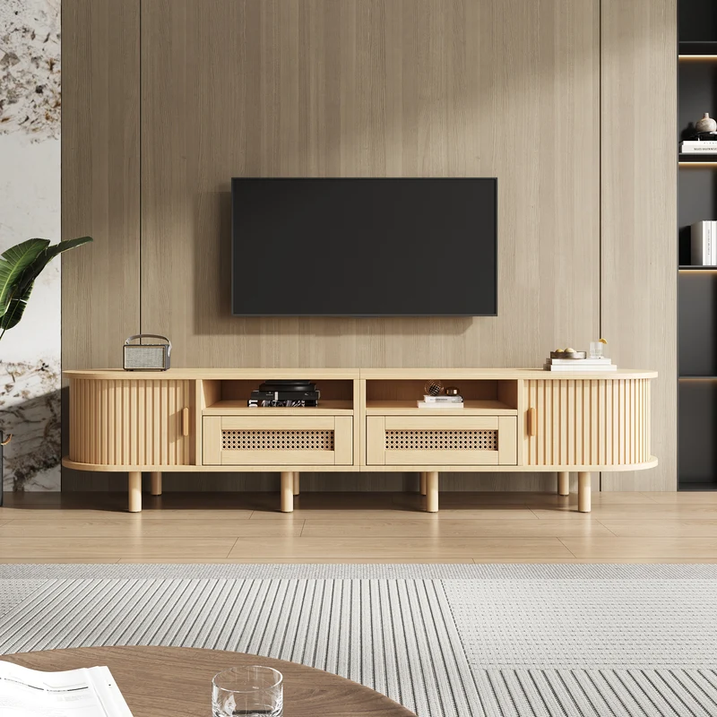 Meuble TV ovale effet bois, 2 portes coulissantes en rotin synthétique et 2 tiroirs TRAUXAID