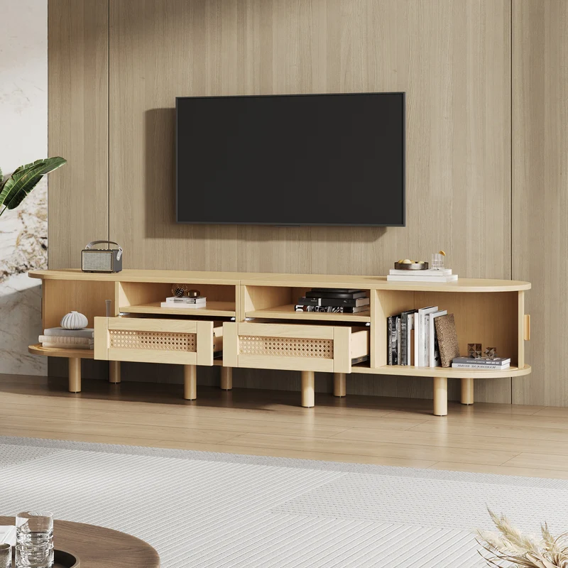 Meuble TV ovale effet bois, 2 portes coulissantes en rotin synthétique et 2 tiroirs TRAUXAID
