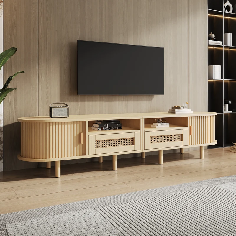 Meuble TV ovale effet bois, 2 portes coulissantes en rotin synthétique et 2 tiroirs TRAUXAID