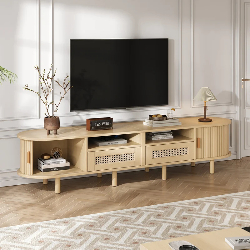 Meuble TV ovale effet bois, 2 portes coulissantes en rotin synthétique et 2 tiroirs TRAUXAID