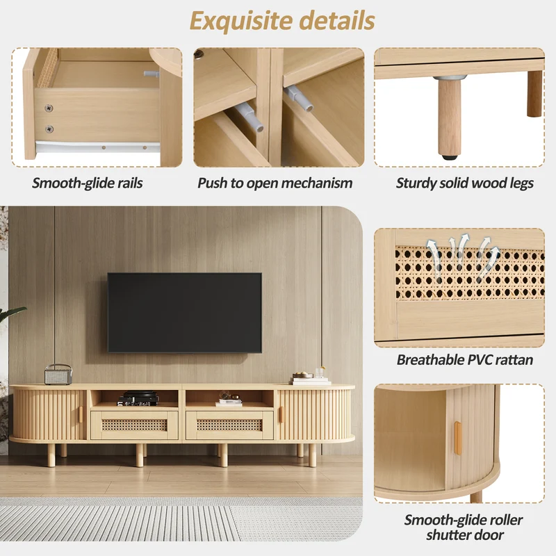 Meuble TV ovale effet bois, 2 portes coulissantes en rotin synthétique et 2 tiroirs TRAUXAID