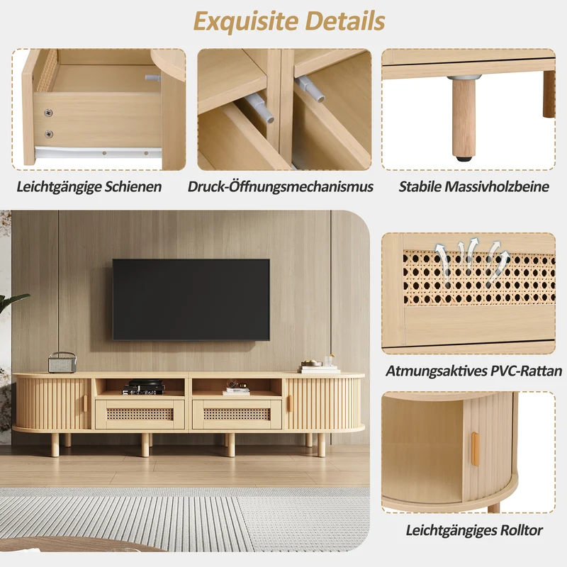 Meuble TV ovale effet bois, 2 portes coulissantes en rotin synthétique et 2 tiroirs TRAUXAID
