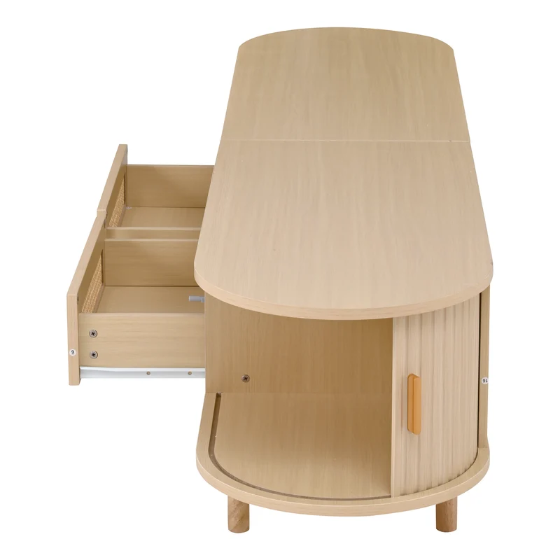 Meuble TV ovale effet bois, 2 portes coulissantes en rotin synthétique et 2 tiroirs TRAUXAID