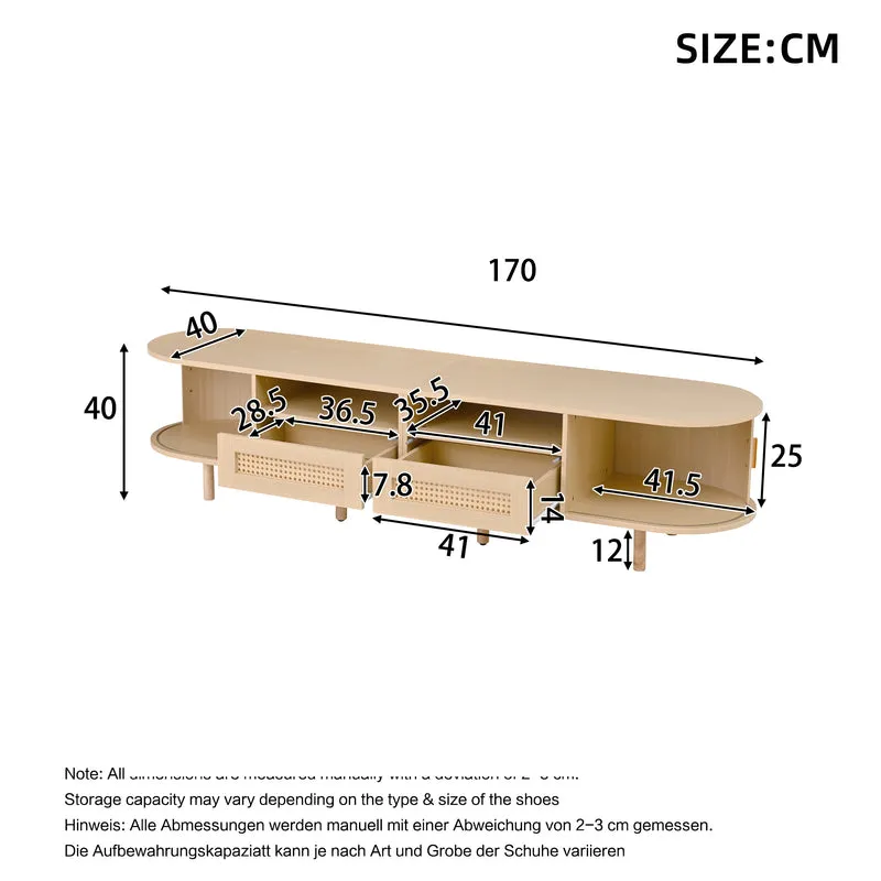 Meuble TV ovale effet bois, 2 portes coulissantes en rotin synthétique et 2 tiroirs TRAUXAID