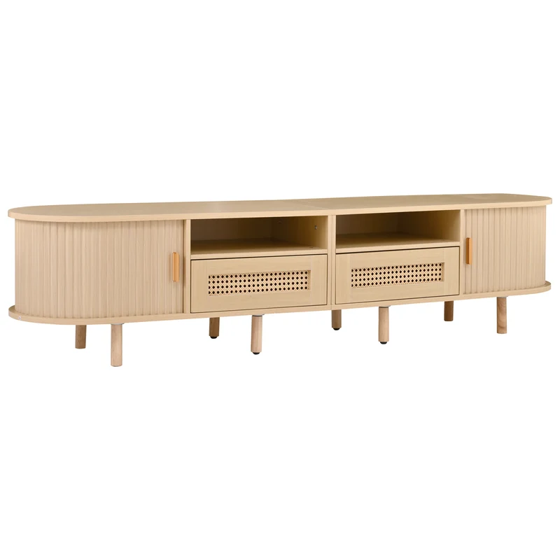 Meuble TV ovale effet bois, 2 portes coulissantes en rotin synthétique et 2 tiroirs TRAUXAID