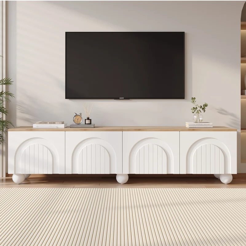 Meuble TV blanc et effet chêne 4 portes avec motifs incurvés, pieds boules CIRCULAR