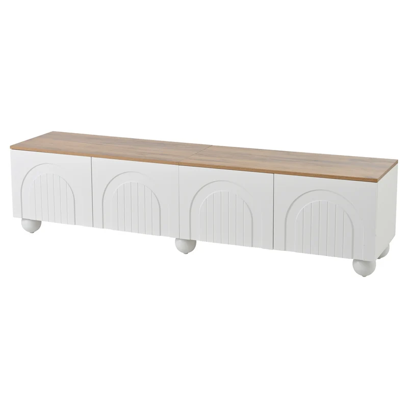 Meuble TV blanc et effet chêne 4 portes avec motifs incurvés, pieds boules CIRCULAR