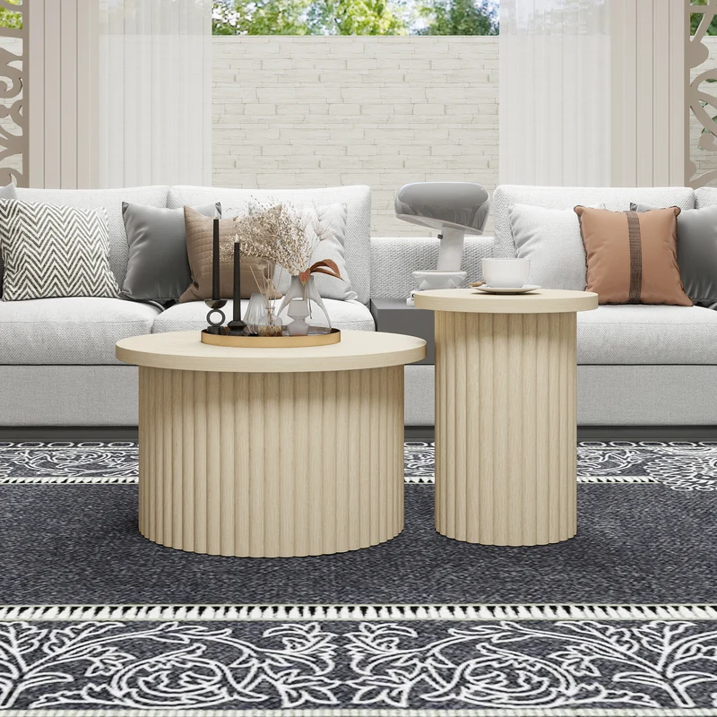 Ensemble de 2 tables basses gigognes rondes effet grain de bois clair FIBROIN