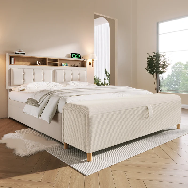 Ensemble lit coffre double rembourré avec tête de lit réglable, prise USB et coffre de lit (matelas non inclus) ANTIGEN