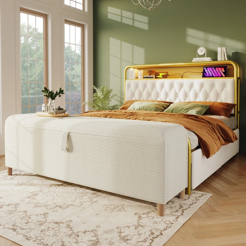 Ensemble lit coffre double rembourré avec tête de lit réglable, prise USB et coffre de lit (matelas non inclus) ANTIGEN
