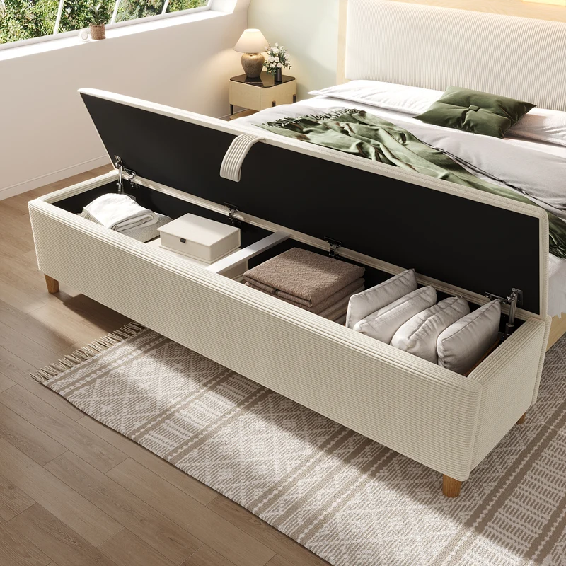 Ensemble lit coffre double rembourré avec tête de lit réglable, prise USB et coffre de lit (matelas non inclus) ANTIGEN
