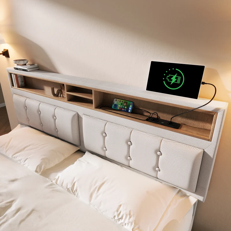 Ensemble lit coffre double rembourré avec tête de lit réglable, prise USB et coffre de lit (matelas non inclus) ANTIGEN
