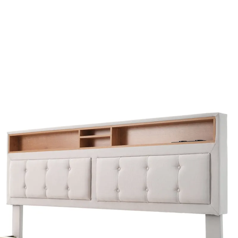 Ensemble lit coffre double rembourré avec tête de lit réglable, prise USB et coffre de lit (matelas non inclus) ANTIGEN