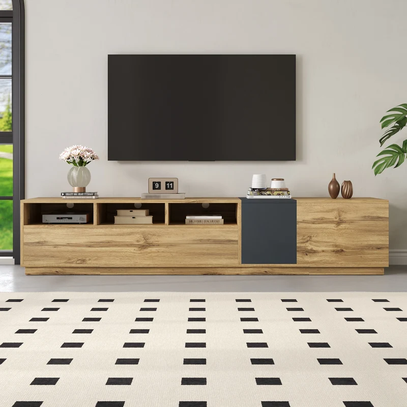 Meuble TV effet bois design asymétrique 3 portes et gris RAVINECALL