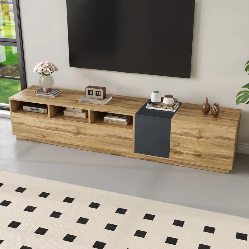 Meuble TV effet bois design asymétrique 3 portes et gris RAVINECALL