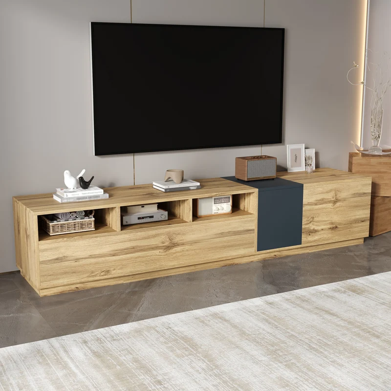 Meuble TV effet bois design asymétrique 3 portes et gris RAVINECALL