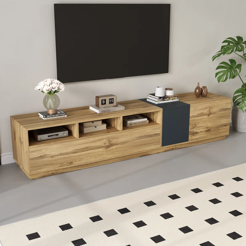 Meuble TV effet bois design asymétrique 3 portes et gris RAVINECALL